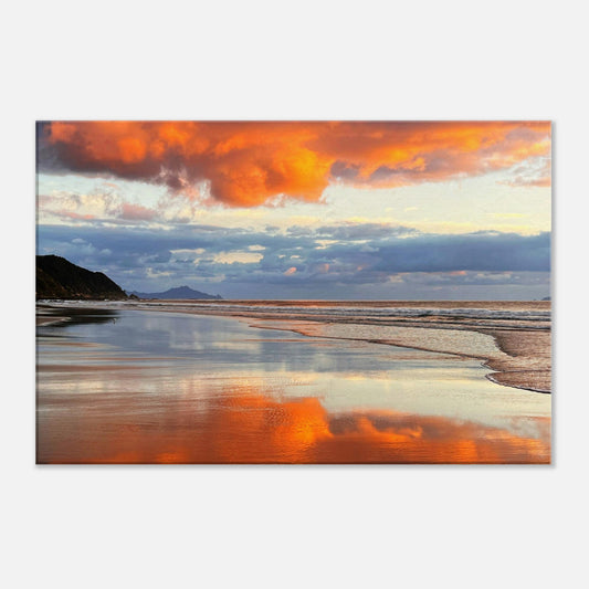 Mangawhai sunrise, mangawhai, mangawhai heads, surf beach, surf, beach, sunrise, northland, nz, new zealand, reflections, orange, pink, blue, orange cloud, piwaka prints, canvas, wall art,