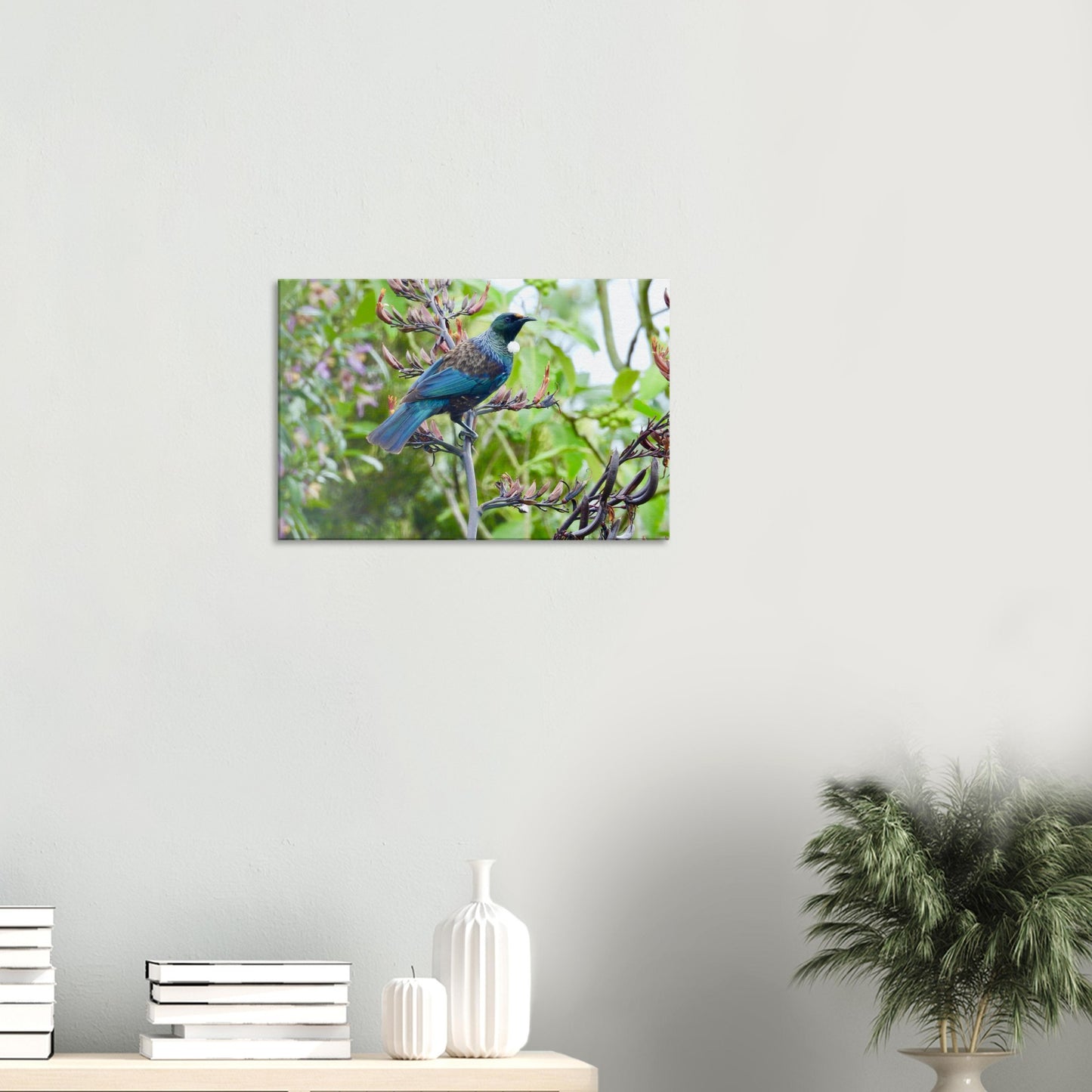 Tui nz, flax nz, blue nz, green nz, nz native bird, bird nz, nz, new zealand, piwaka prints, piwaka prints nz, canvas, canvas nz, wall art, wall art nz, tui canvas nz, tui wall art nz,