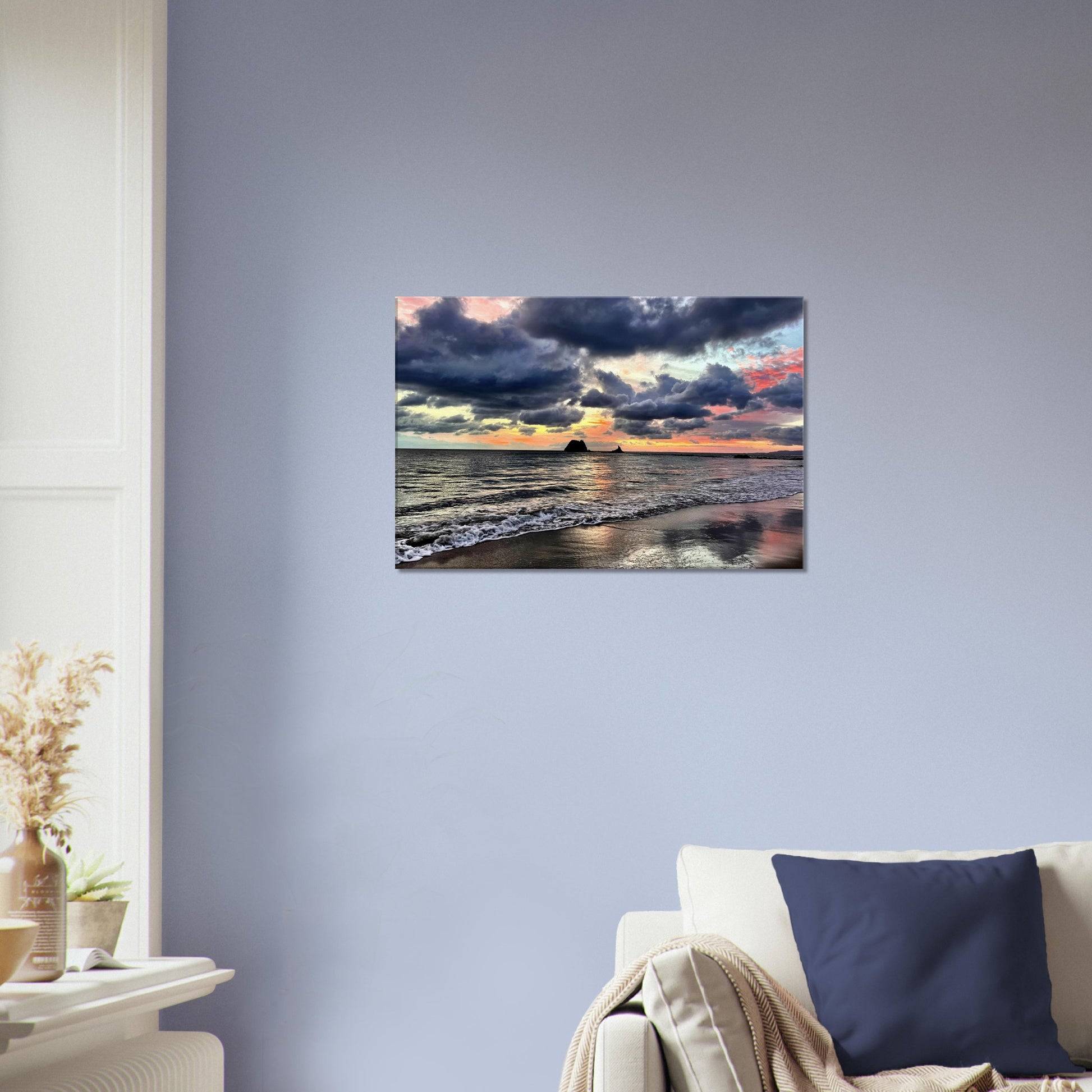 moody sunrise nz, moody sunrise, sunrise nz, mangawhai heads, mangawhai heads surf beach, stormy nz, grey, orange,  blue, pink, reflections nz, black clouds nz, new zealand, beach walks nz, wall art nz,