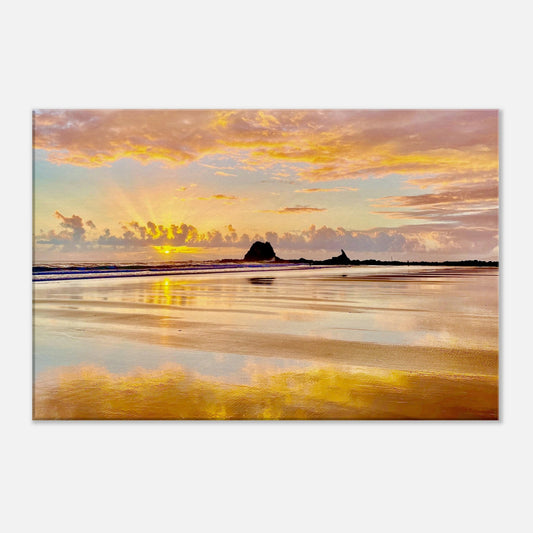 summer, sunrise, summer sunrise, pink, yellow, blue, reflection, mangawhai heads surf beach, surf beach, nz, northland, new zealand, head rock, howling wolf, beach, paradise, ocean, piwaka prints, canvas, wall art,