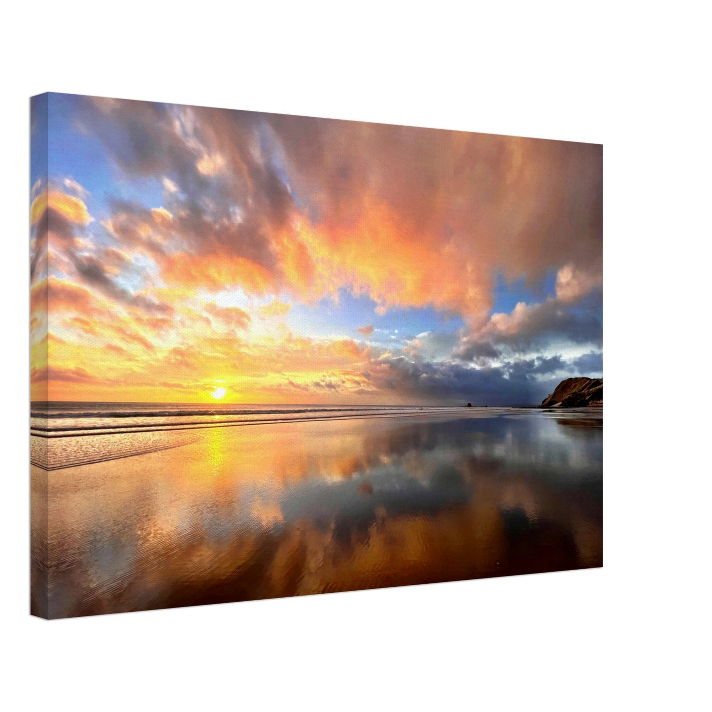 Mangawhai sunrise, mangawhai, mangawhai heads, surf beach, surf, beach, sunrise, northland, nz, new zealand, reflections, orange yellow, pink, blue, head rock, howling wolf, wall art, canvas, piwaka prints, sunrise wall art nz, sunrise wall art, sunrise canvas nz,