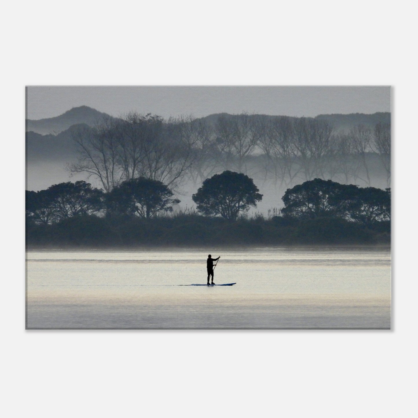 early morning nz, early morning paddle nz, sunrise paddle nz, black and white nz, paddleboarding nz, paddleboarder nz, misty morning nz, misty nz, new zealand, piwaka prints nz, piwaka prints