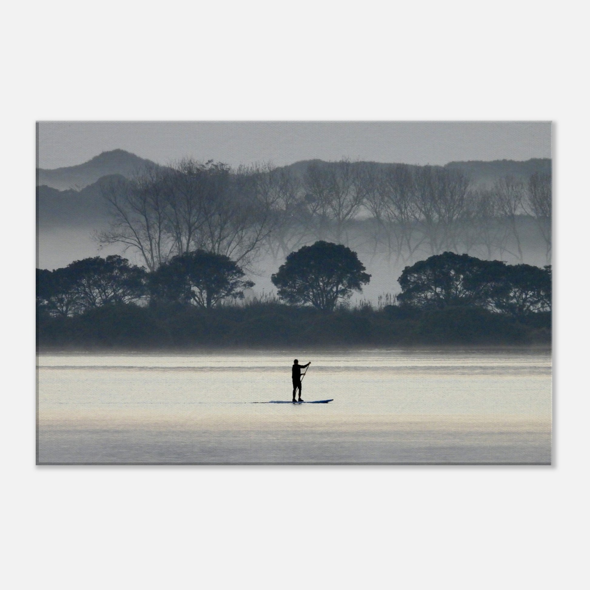 early morning nz, early morning paddle nz, sunrise paddle nz, black and white nz, paddleboarding nz, paddleboarder nz, misty morning nz, misty nz, new zealand, piwaka prints nz, piwaka prints