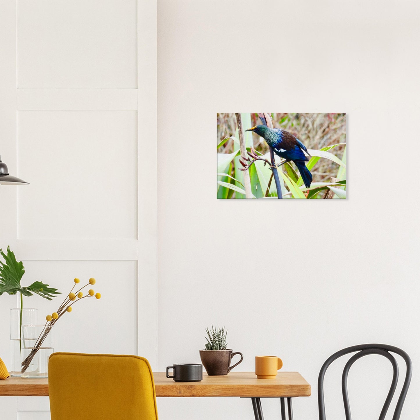 tui, native bird, nz, new zealand, flax, paradise, blue feathers, piwaka prints, canvas, canvases, bird, wall art, tui canvas, tui canvas nz, tui nz, tui new zealand,