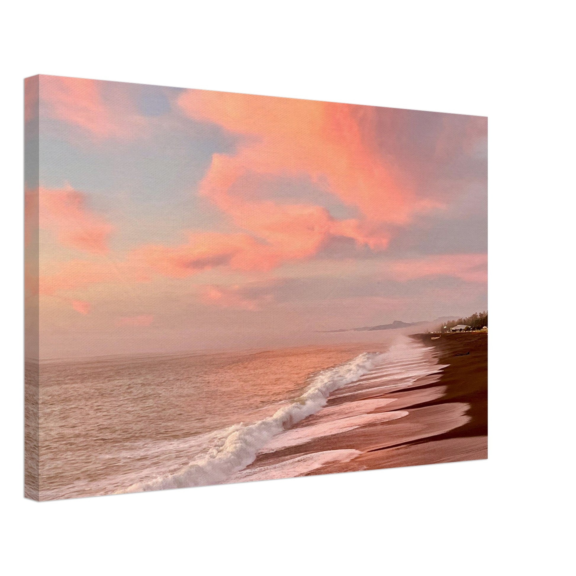 Sunrise, napier shoreline, napier, black sand, pink clouds, blue, pink, waves, nz, new zealand, piwaka prints, canvas nz, wall art, napier canvas, napier nz,