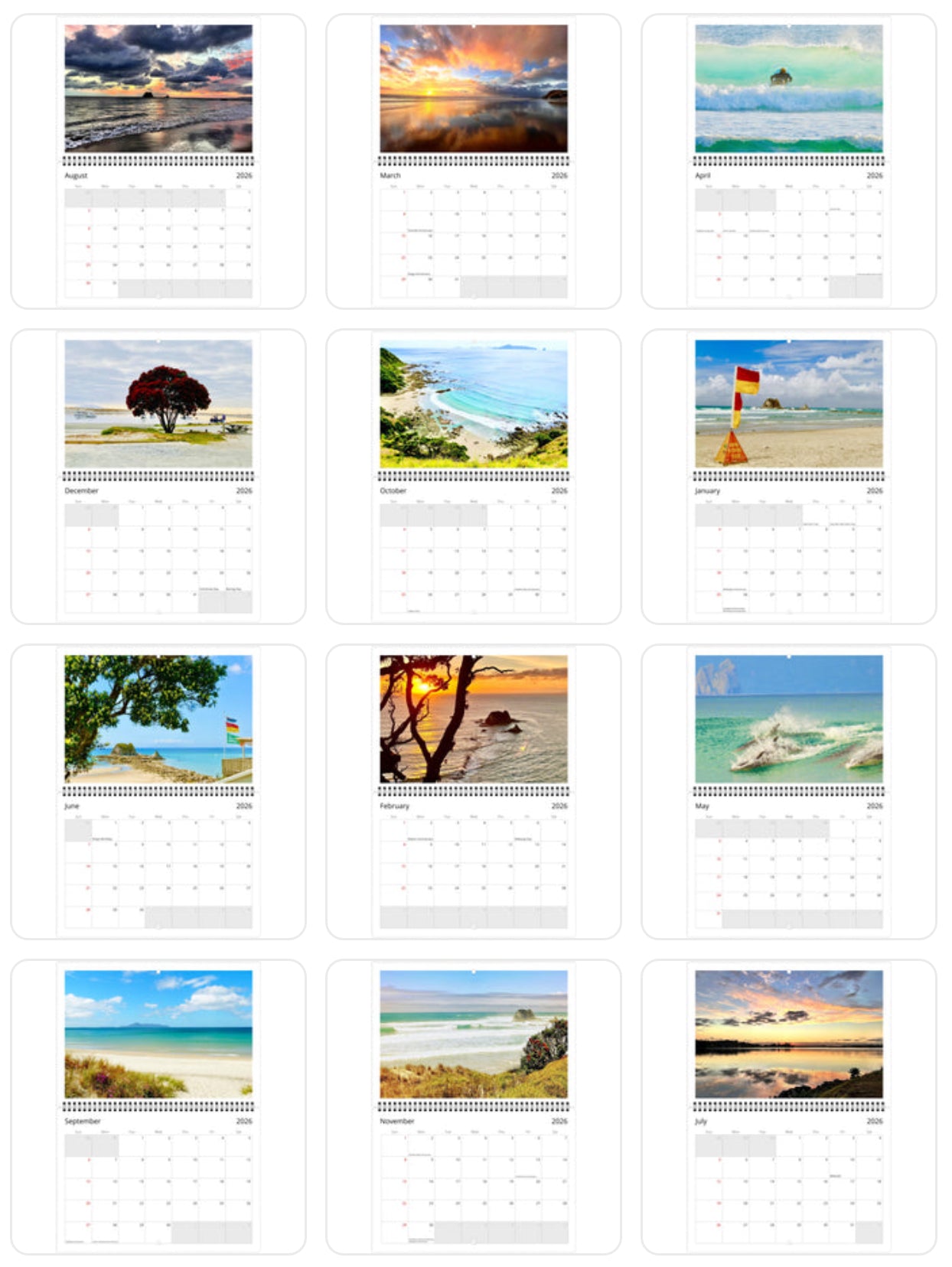 Calendar with scenic images of beaches and landscapes on a white background, Mangawhai 2026 calendar mockup, wall calendar display, new zealand photography calendar, office decor, piwaka prints