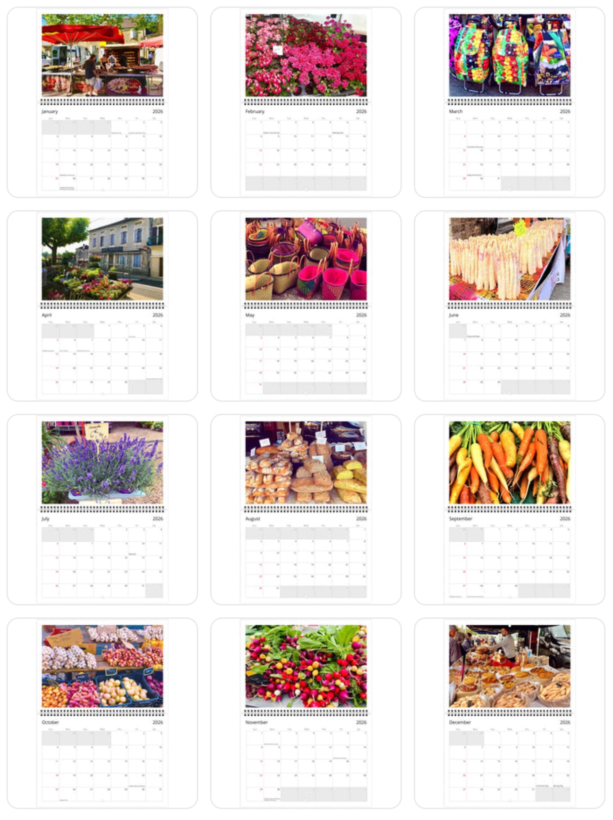 French Markets 2026 Calendar (Sunday to Saturday)