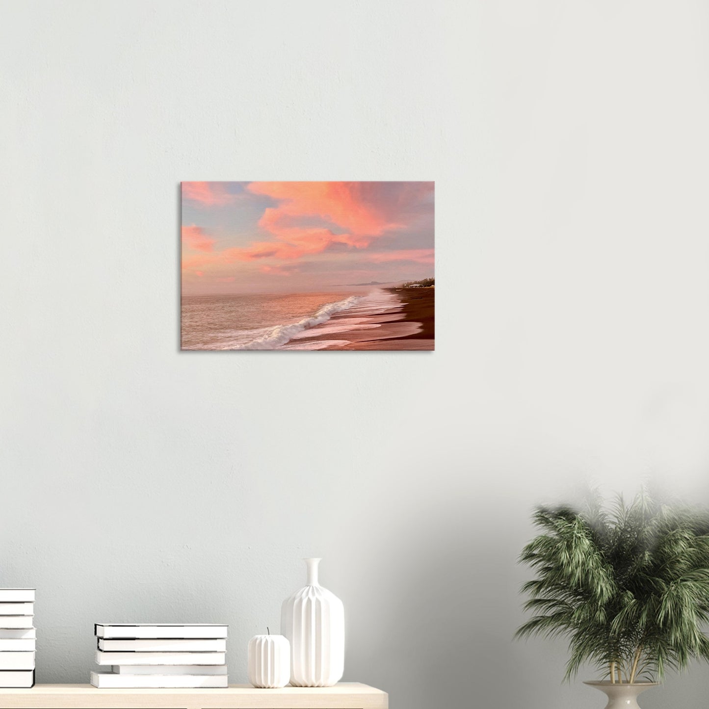 Sunrise, napier shoreline, napier, black sand, pink clouds, blue, pink, waves, nz, new zealand, piwaka prints, canvas, wall art,