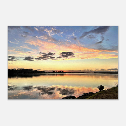 Mangawhai sunrise, mangawhai, mangawhai heads, estuary, mangawhai estuary, sunrise, northland, nz, new zealand, reflections, orange, pink, yellow, blue, piwaka prints, canvas, wall art,