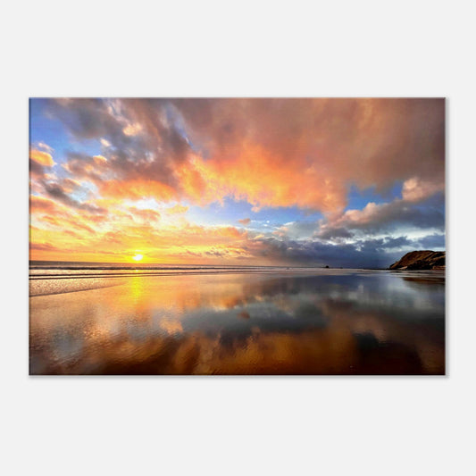 Mangawhai sunrise, mangawhai, mangawhai heads, surf beach, surf, beach, sunrise, northland, nz, new zealand, reflections, orange yellow, pink, blue, head rock, howling wolf, wall art, canvas, piwaka prints,