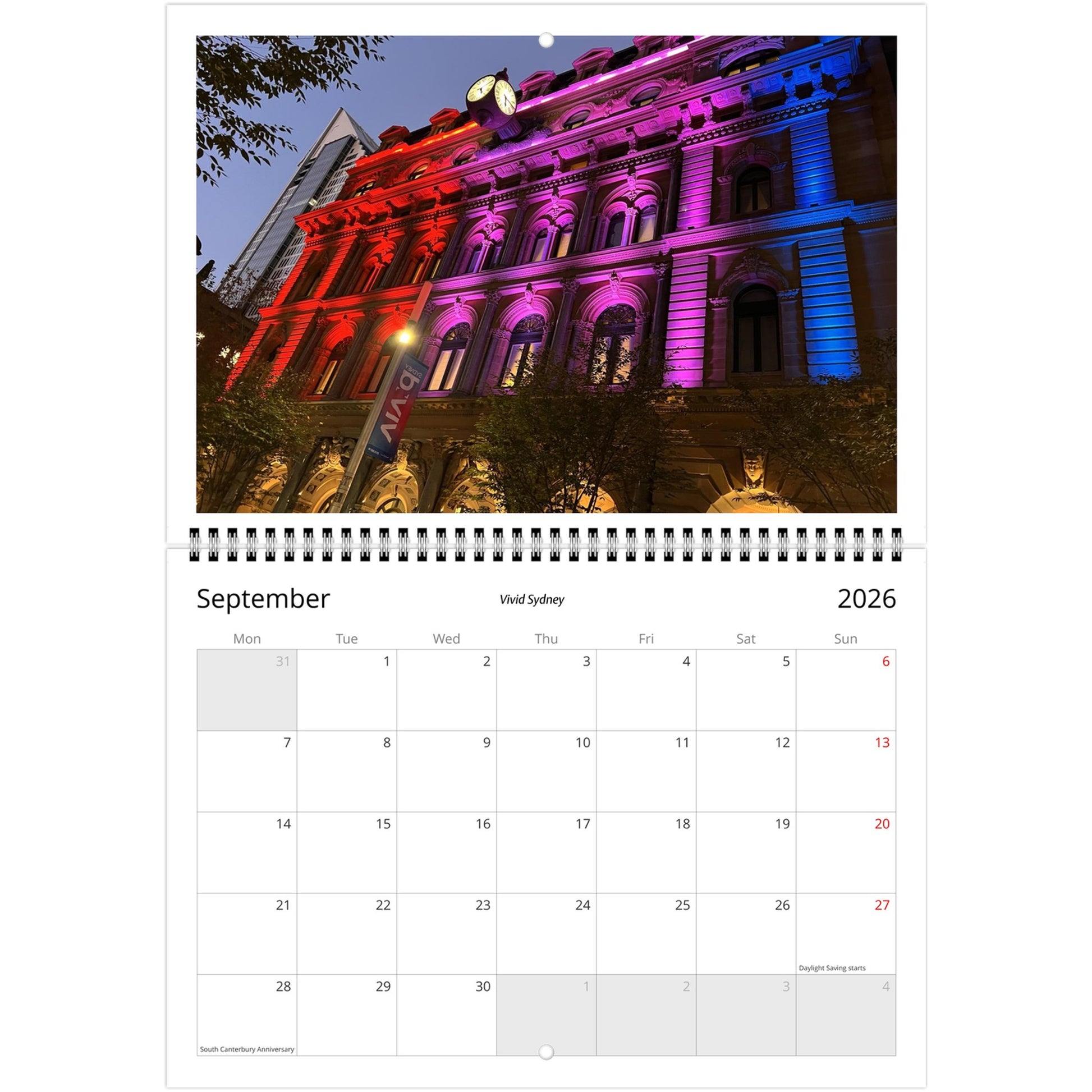 Sydney 2026 calendar mockup, wall calendar display, australian photography calendar, sydney harbour, opera house, piwaka prints
