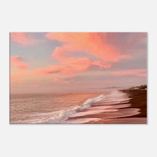 Sunrise, napier shoreline, napier, black sand, pink clouds, blue, pink, waves, nz, new zealand, piwaka prints, canvas, wall art, 