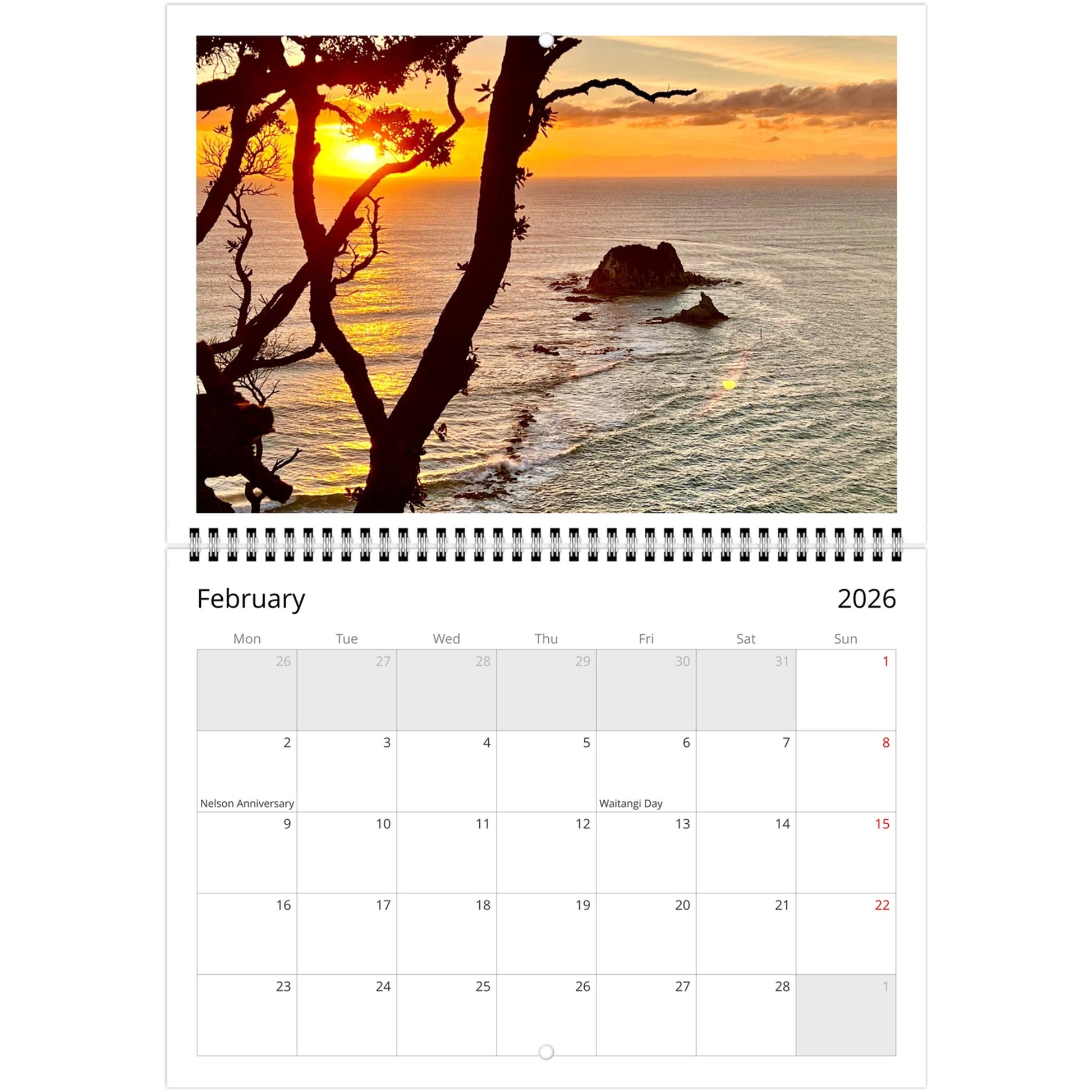 Mangawhai 2026 calendar mockup, wall calendar display, new zealand photography calendar, office decor, piwaka prints