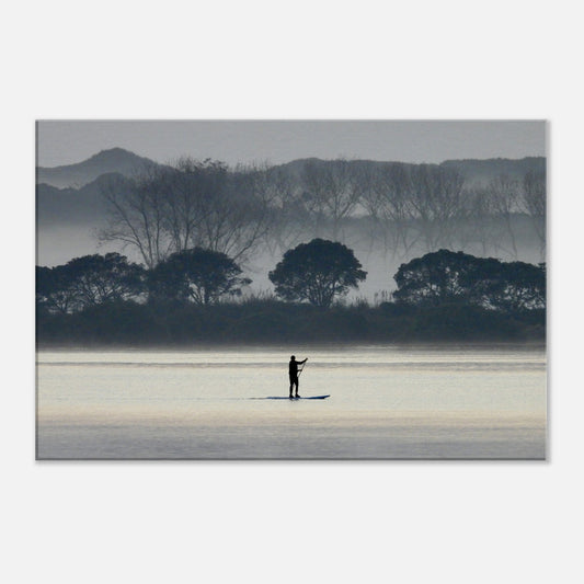 early morning nz, early morning paddle nz, sunrise paddle nz, black and white nz, paddleboarding nz, paddleboarder nz, misty morning nz, misty nz, new zealand, piwaka prints nz, piwaka prints