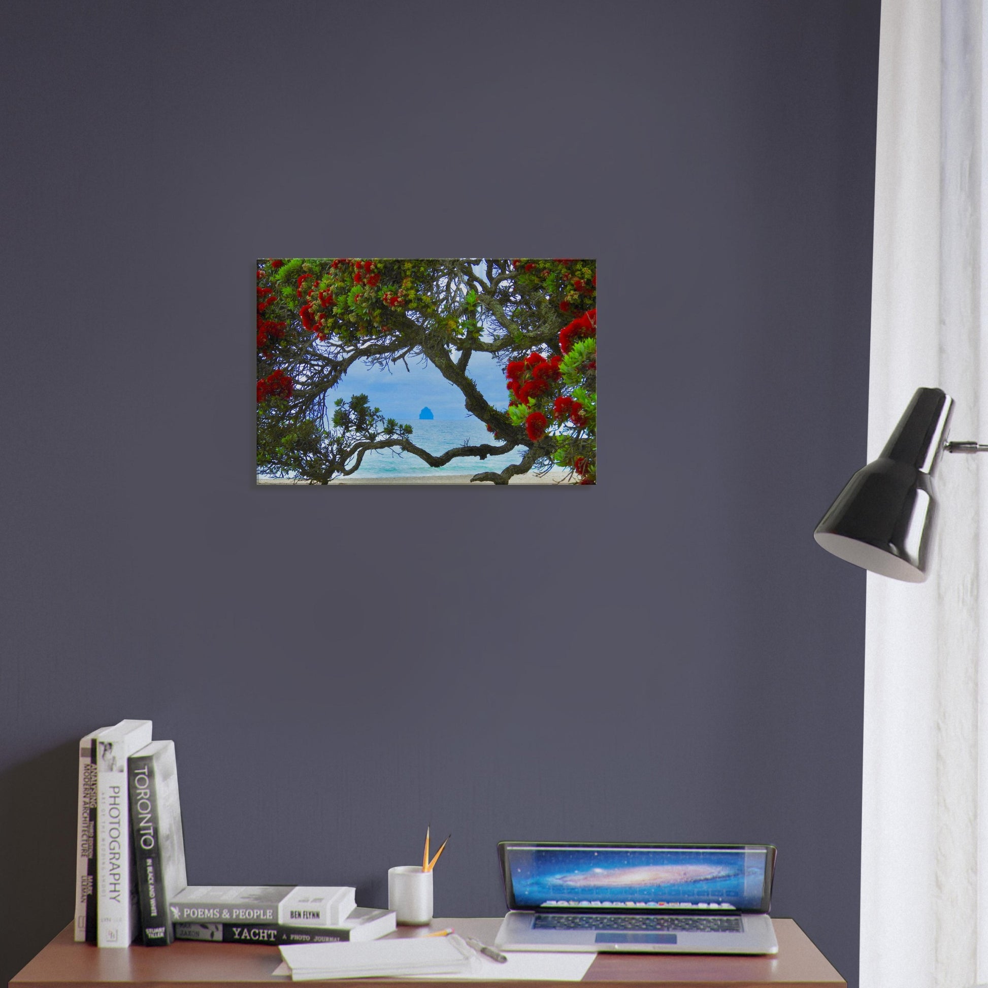 langs beach, northland, langs, pohutukawa, pohutukawa tree, sail rock, piwaka prints, beach, ocean view, red flowers, canvas art, photography, nz, new zealand