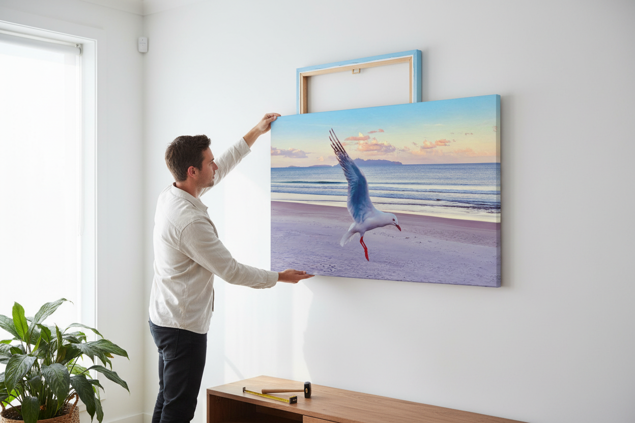 Person hanging Seagull Over Mangawhai Heads canvas