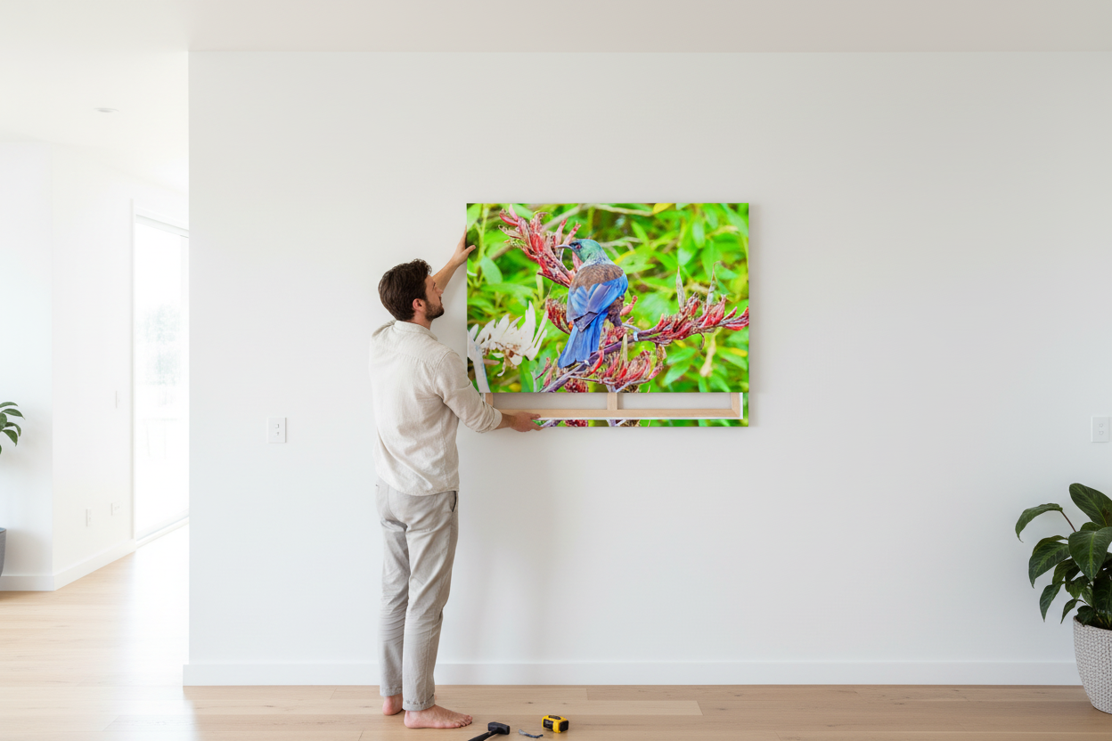 Person hanging Tūī on Flax canvas